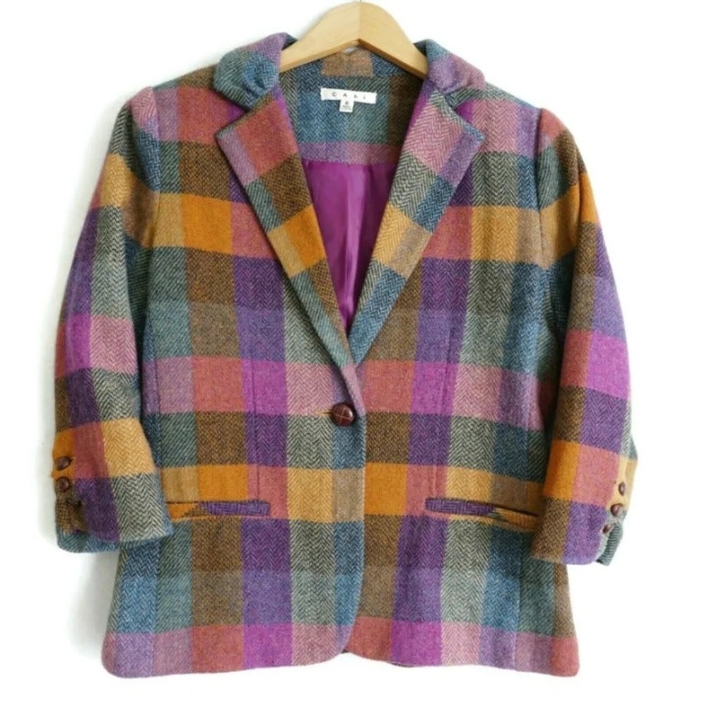 CAbi Happy Blazer Style 927 3/4 Sleeve Multicolor Herringbone Plaid Wool Blend
